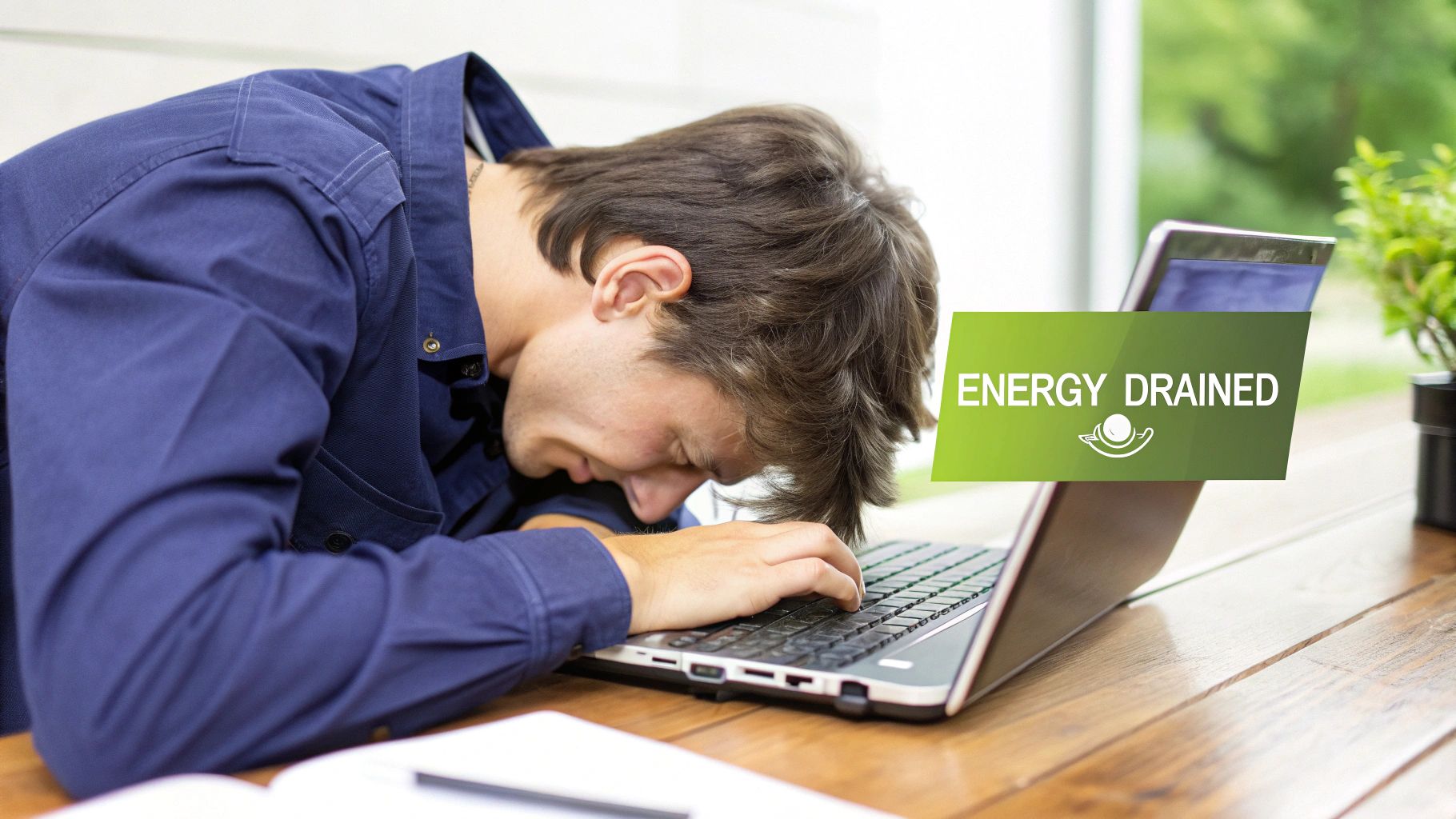 A person looking tired and holding their head, symbolizing fatigue from stress.