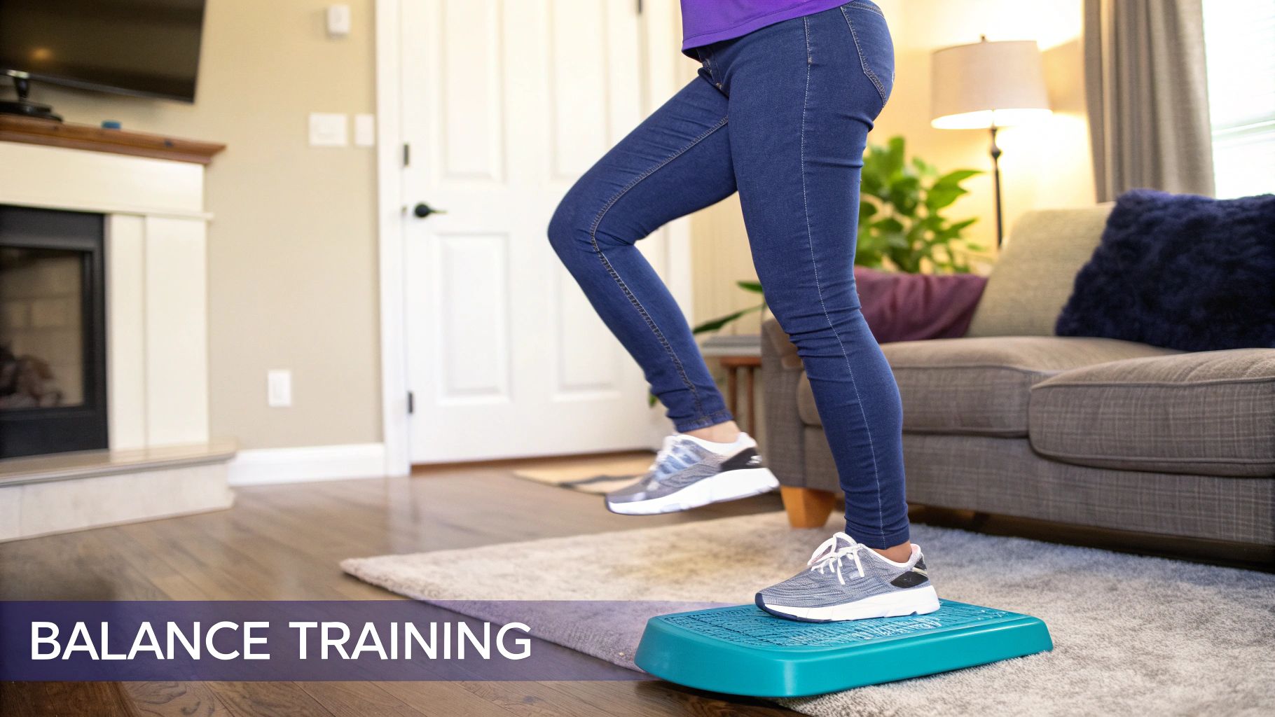 A person performing a single-leg balance exercise on a yoga mat to improve ankle stability.