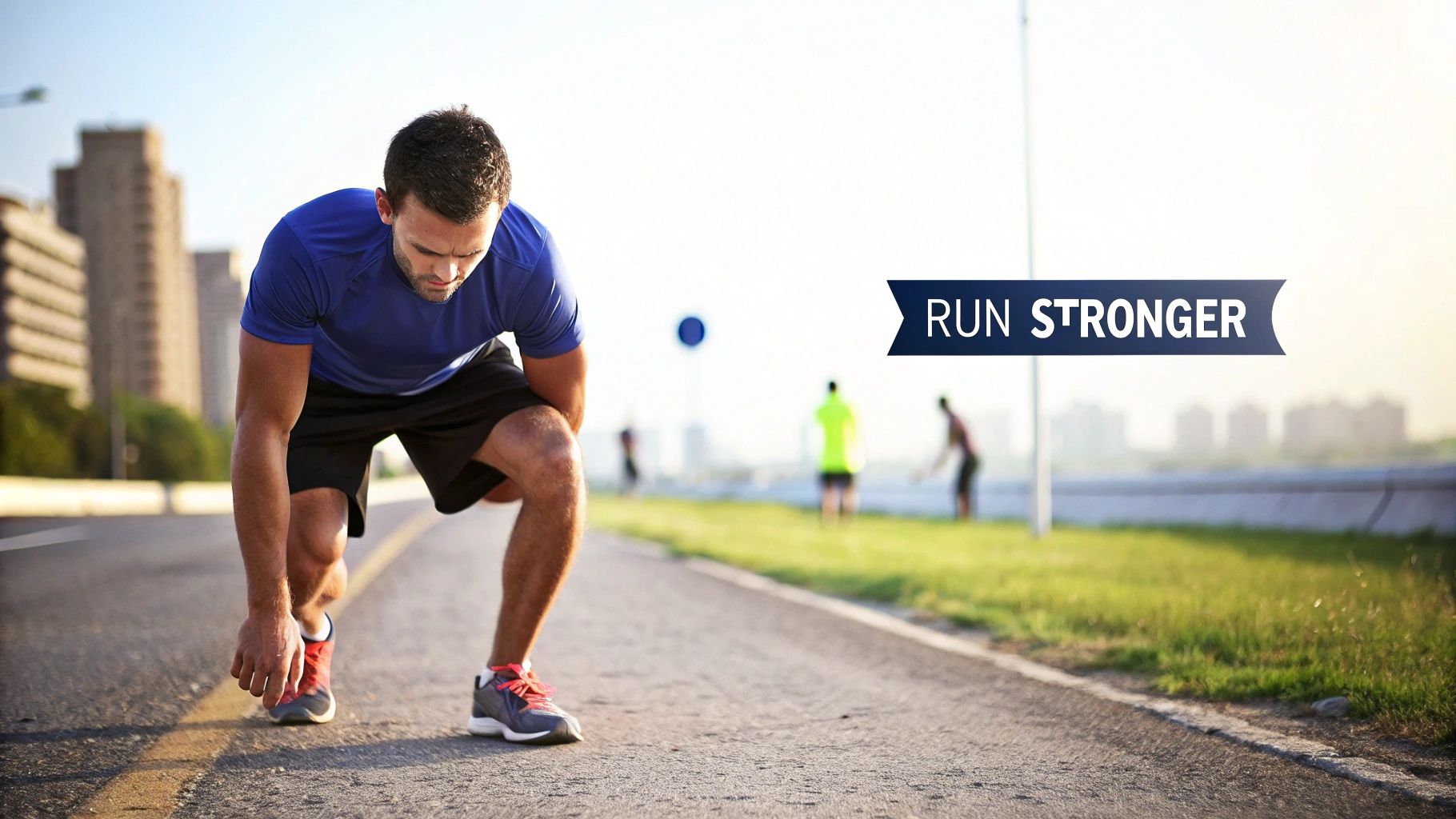 A runner performing a weighted squat in a gym setting.