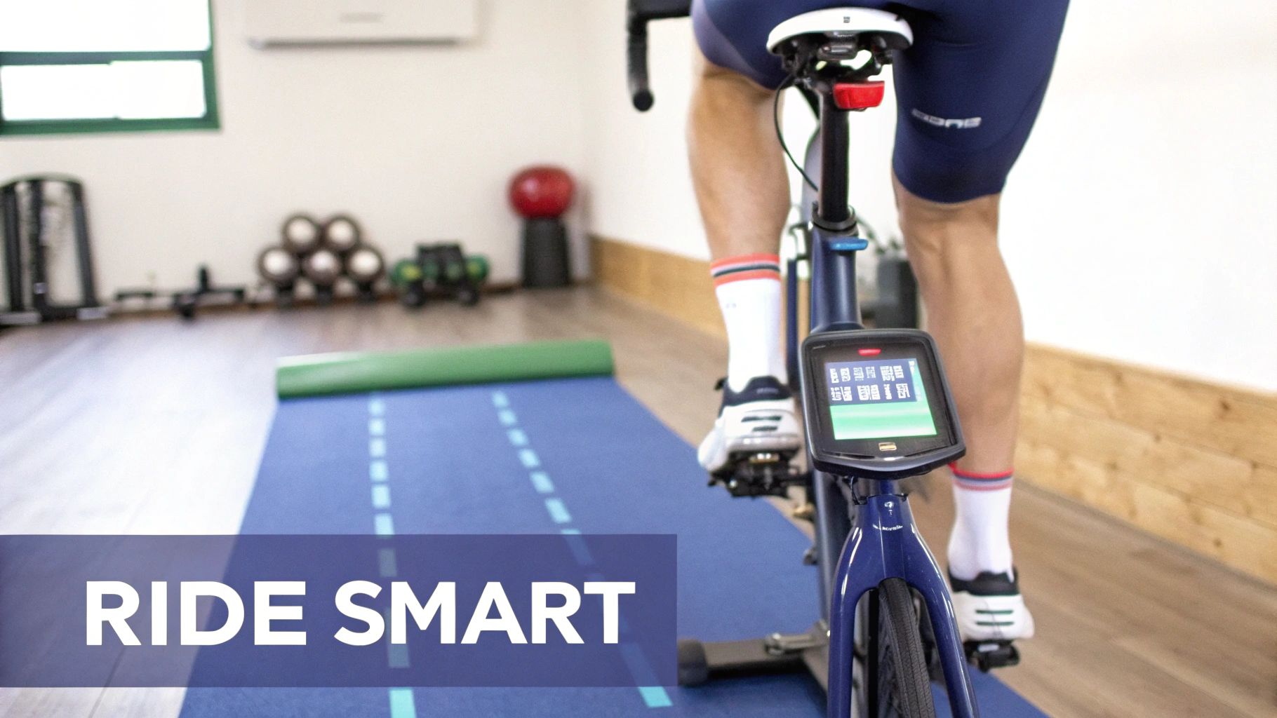 A cyclist taking a break and stretching their leg by a scenic road.