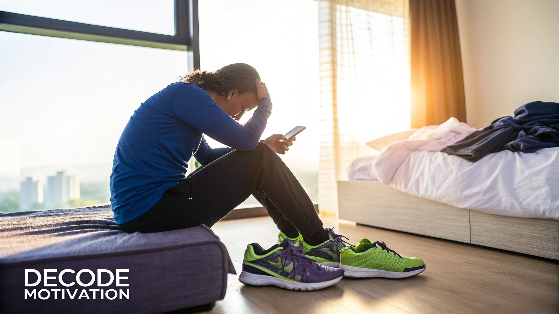A person sitting on a yoga mat looking unmotivated, with exercise equipment around them.