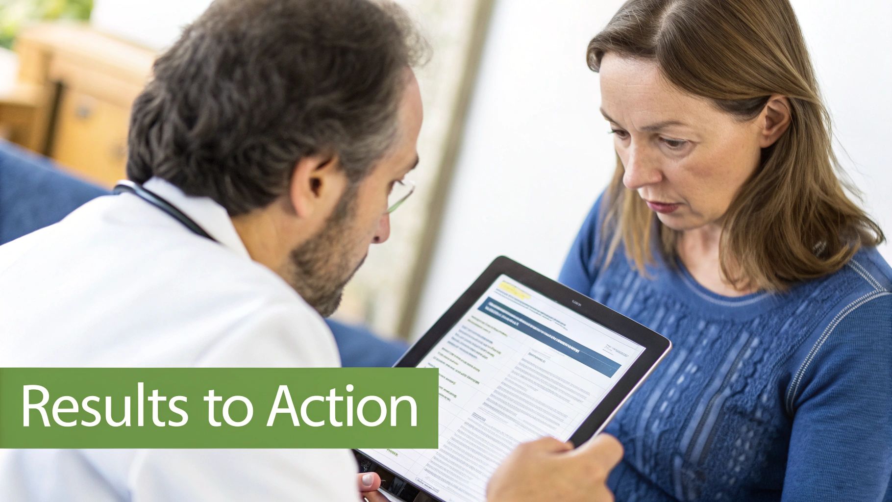 Healthcare provider discussing medical test results with patient using digital tablet in clinic