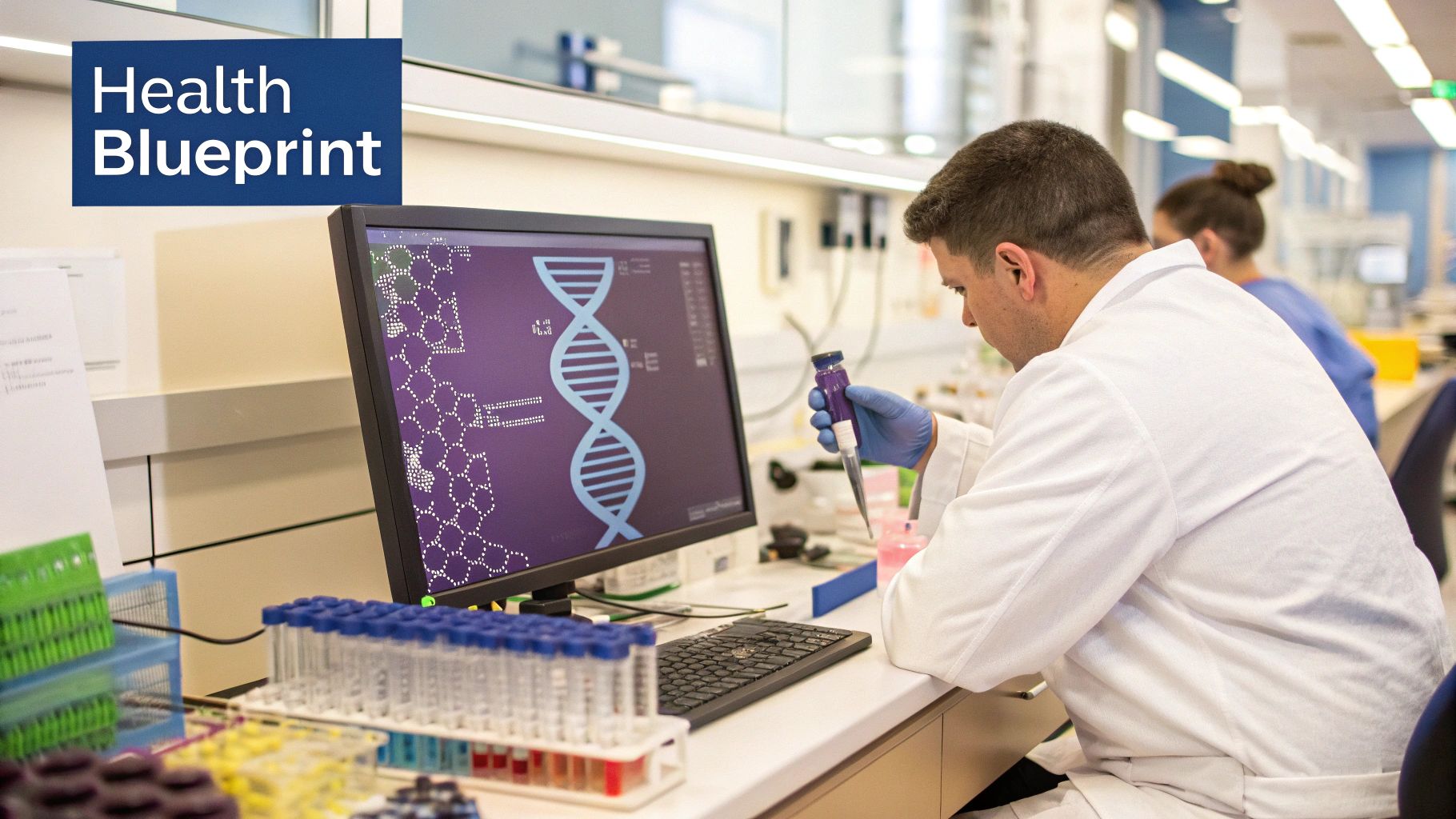 An image showing a DNA helix intertwined with symbols of lifestyle and environment, representing a health blueprint.