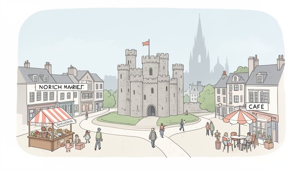 Cartoon illustration of Norwich Castle in a lively town square with a market stall and cafe.