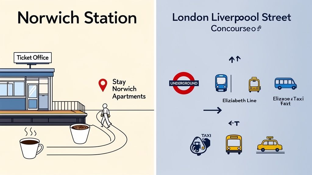 Diagrams illustrating Norwich Station features and London Liverpool Street transport options like Underground, trains, buses, and taxis.