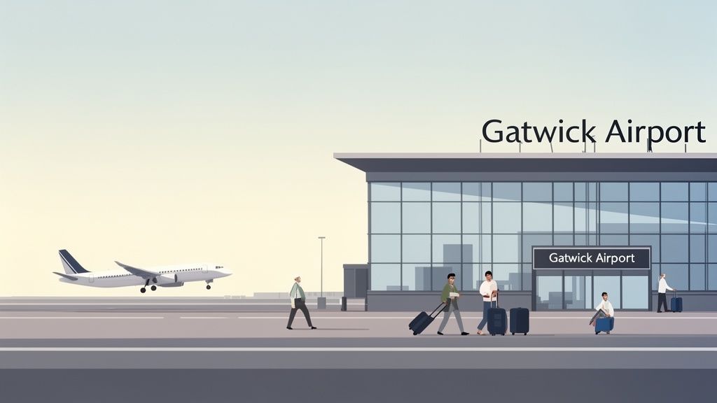 An illustration of Gatwick Airport with an airplane on the runway and passengers outside the terminal.