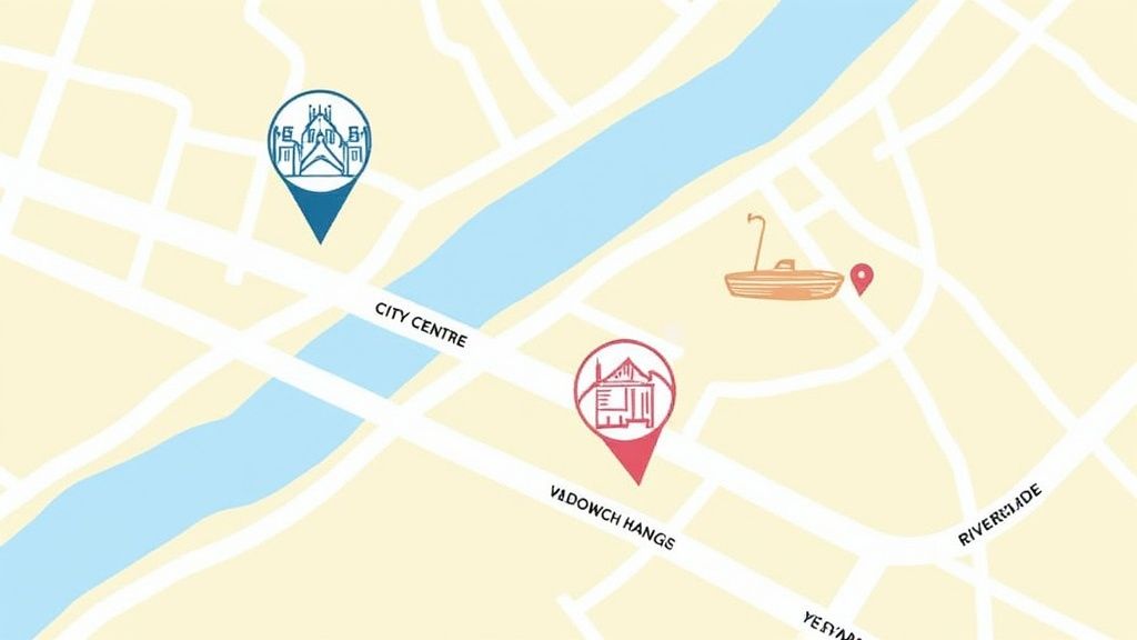 Colorful map illustrating a city with a river, roads, and three distinct location markers.