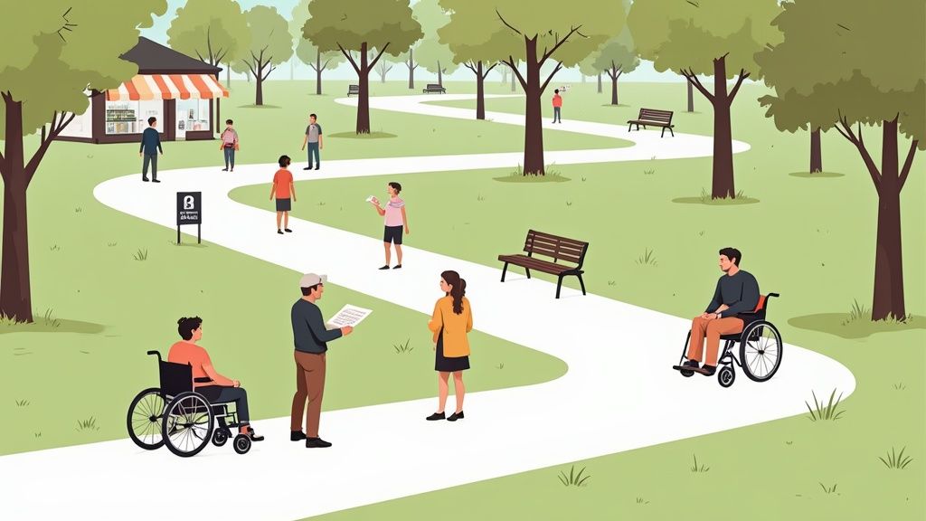 A large, green brontosaurus statue stands amidst lush trees in a park, with visitors walking on a path nearby.