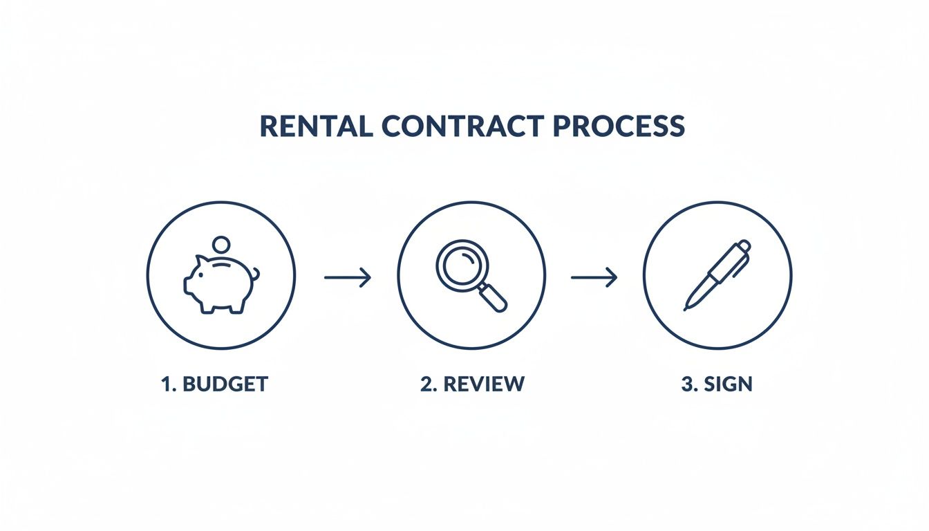 Diagram illustrating the three steps of a rental contract process: budget, review, and sign.