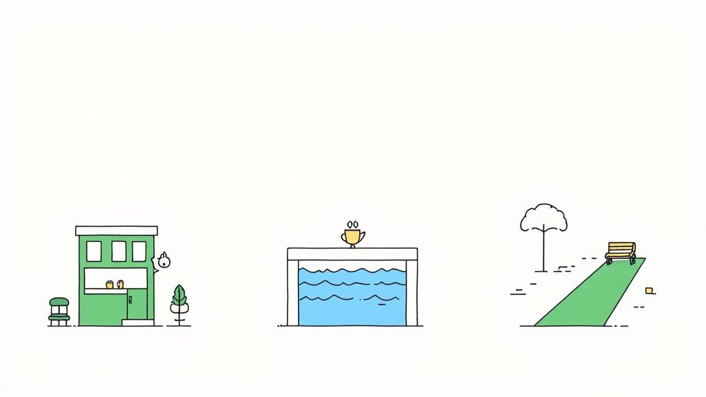 Three minimalist, cartoon-style illustrations depict a green building, a pool with a trophy, and a park.