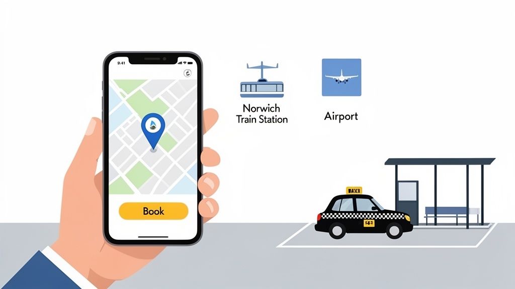 A person books a taxi via a mobile app to travel to Norwich Train Station or the Airport.