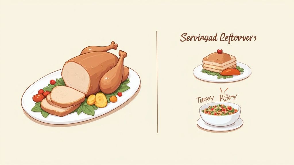 A fully prepared Bernard Matthews turkey roast, sliced and served with a side of roasted vegetables and potatoes.