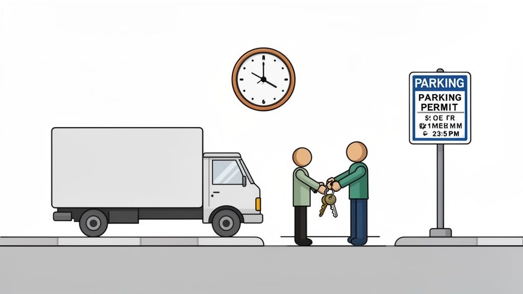 Two individuals exchanging keys beside a white moving truck, a clock, and a parking permit sign.