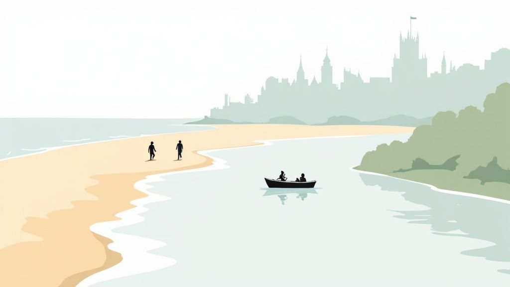 Minimalist illustration of a tranquil beach scene with two people walking and a boat on the water near a distant city.