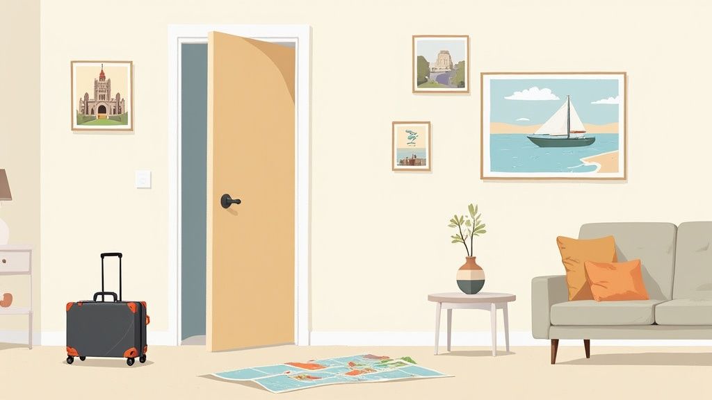 A bright room with an open door, a suitcase, a map on the floor, and travel-themed wall art.