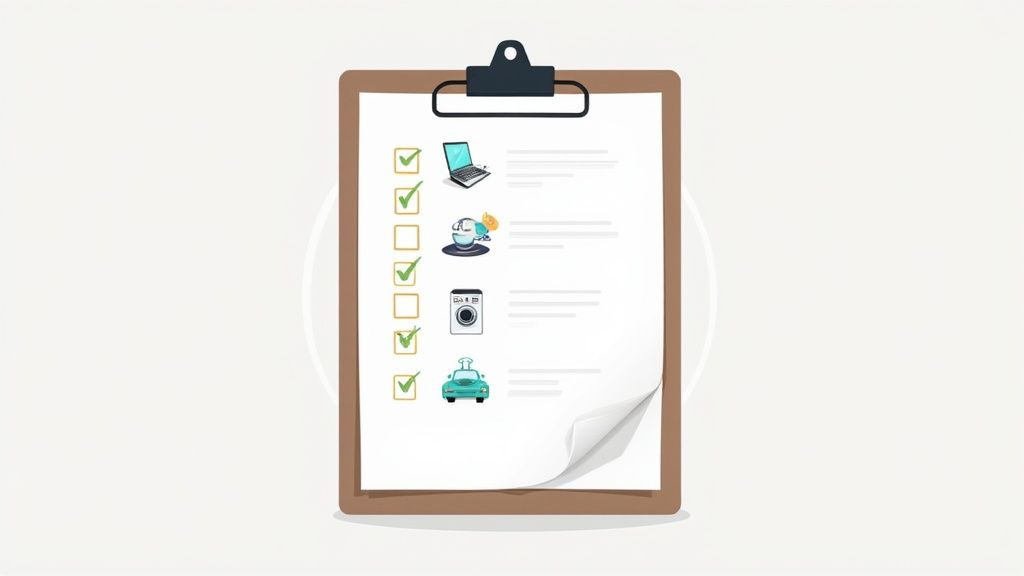 A close-up of a person's hands checking items off a list on a clipboard, with a modern apartment interior in the background.