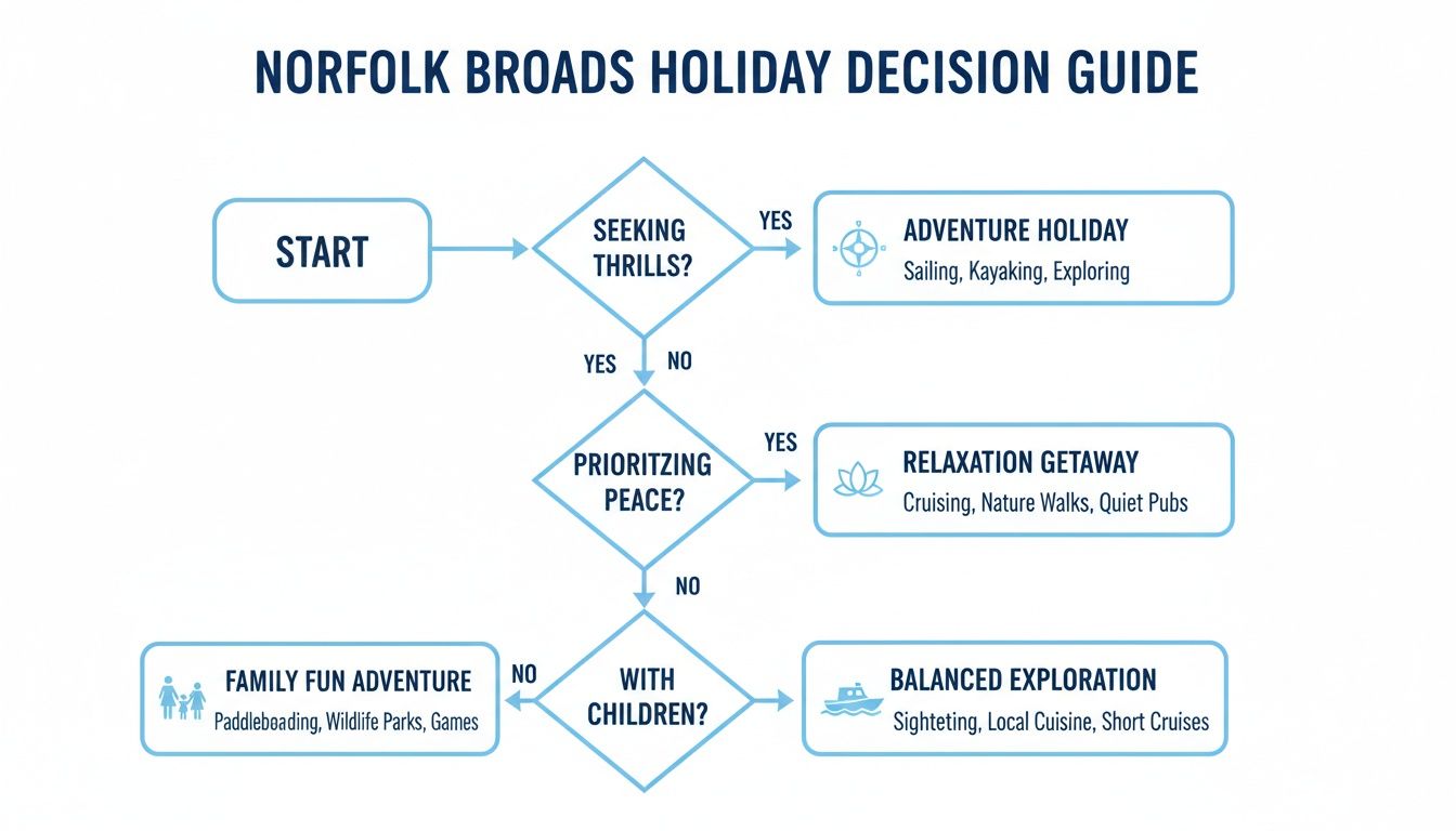 A flowchart guides users to choose Norfolk Broads holidays based on thrills, peace, and children.