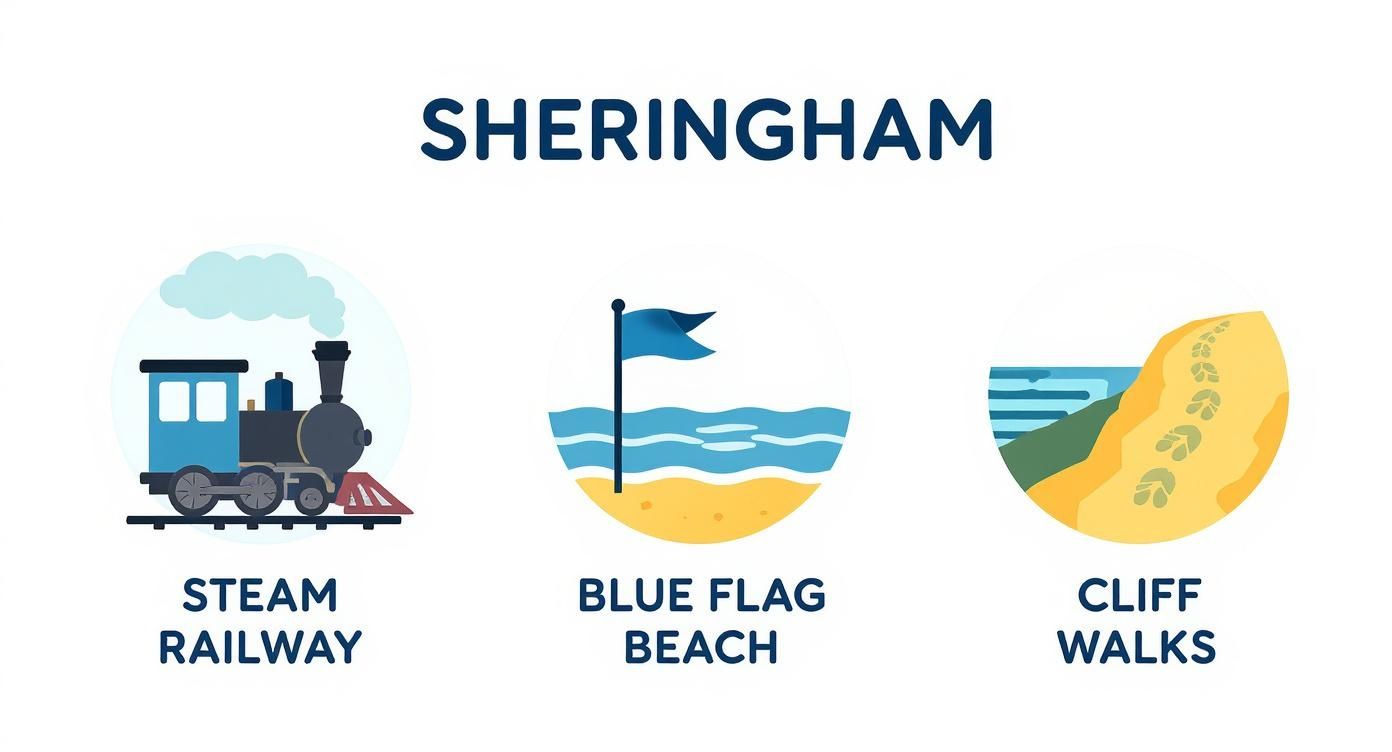 Three icons showcasing Sheringham attractions: steam railway, blue flag beach, and scenic cliff walks.