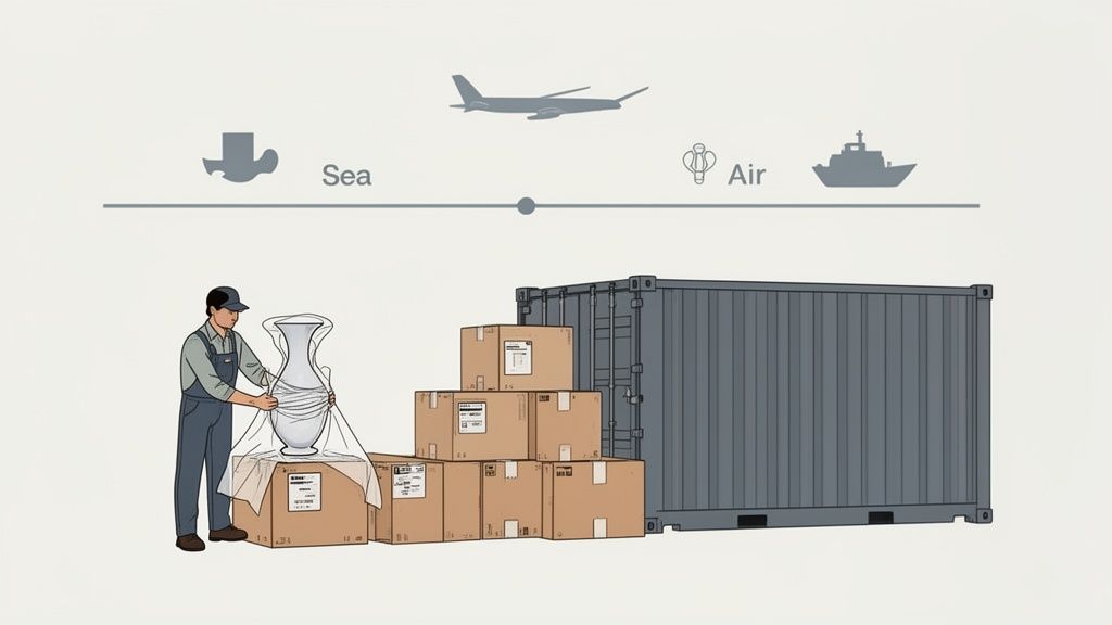 A worker wraps a vase next to stacked moving boxes and a large shipping container, illustrating international logistics.