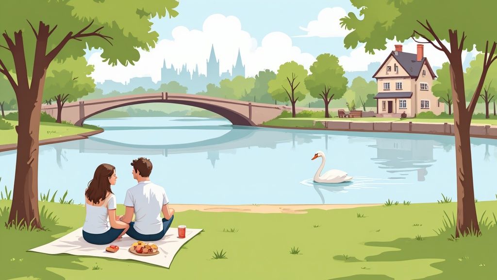 A couple enjoys a peaceful riverside picnic, with a swan, bridge, and house visible.