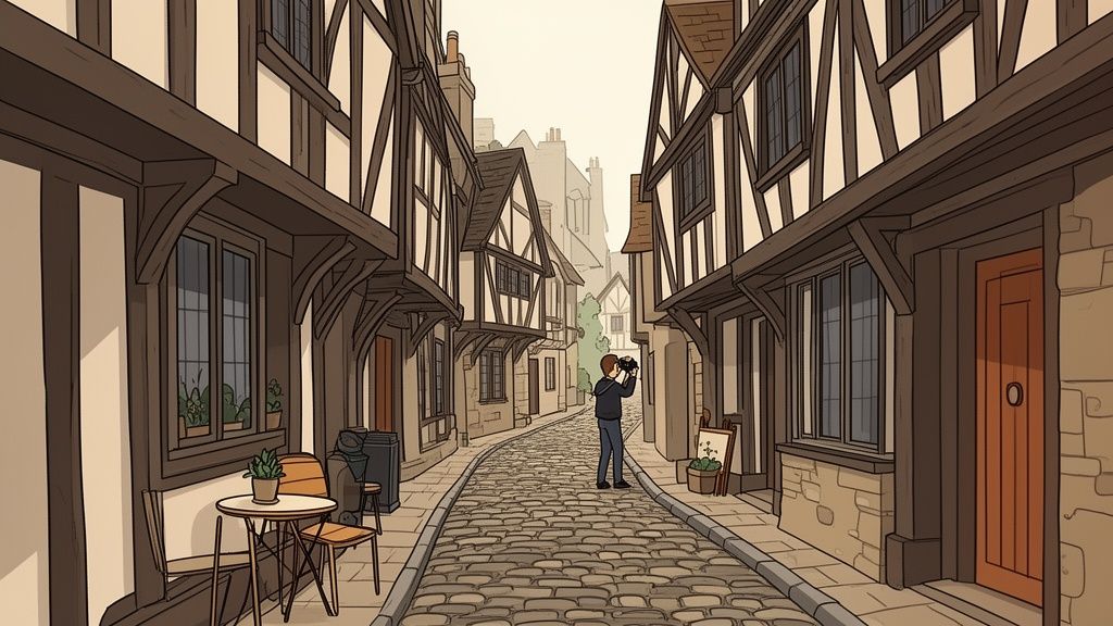 A person takes a photo of a picturesque cobbled street with medieval-style half-timbered buildings.
