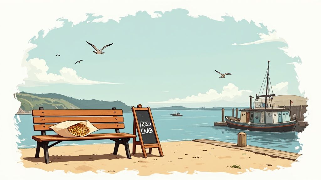 Cartoon drawing of a coastal scene with a bench, fries, a 'Fresh Crab' sign, a boat, and seagulls.