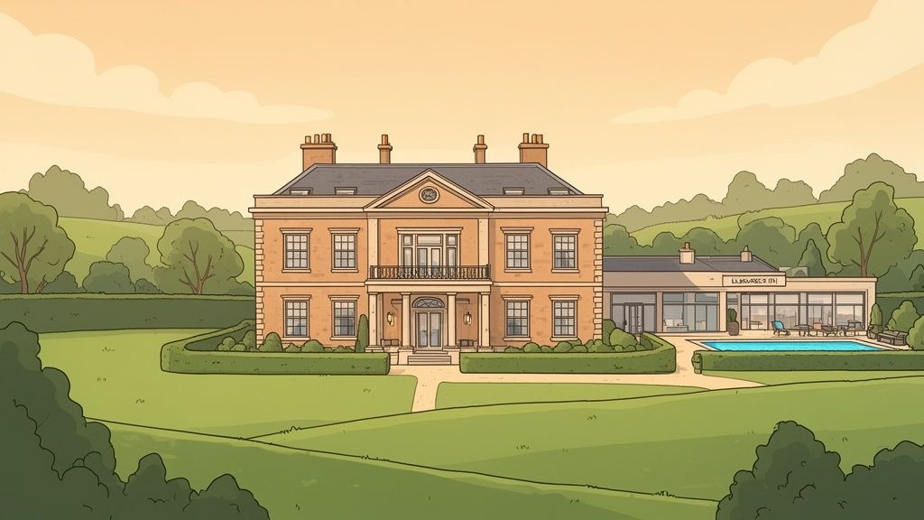 A grand classical hotel with a modern glass extension, swimming pool, and lush green gardens.