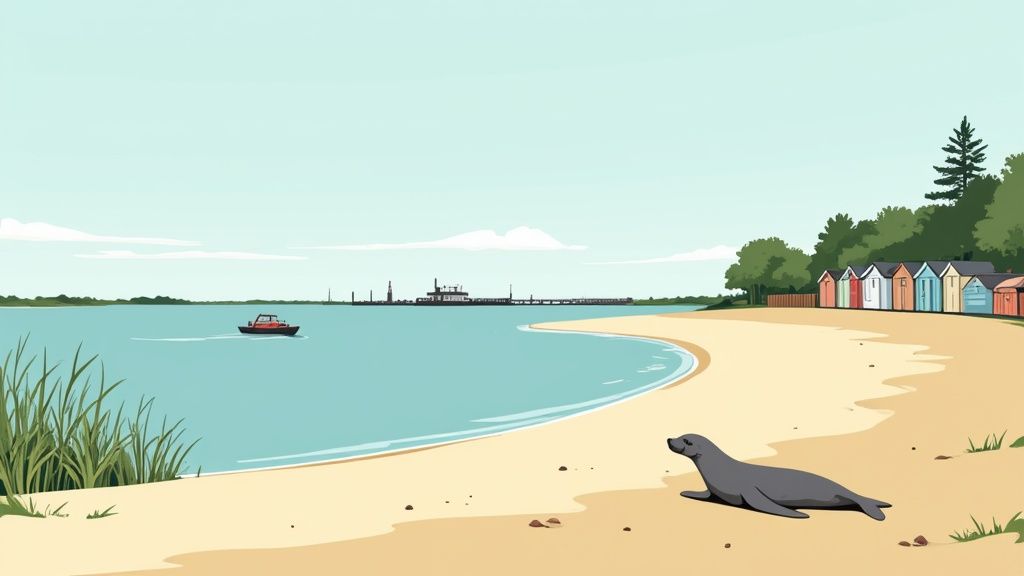 A bright cartoon illustration of a beach with a seal, a boat, colorful beach huts, and a distant pier.