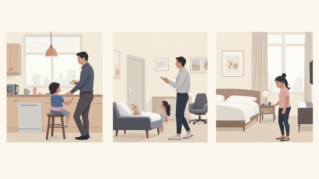 Three panels show family life: a father with children in a kitchen and living room, and a woman in a bedroom.