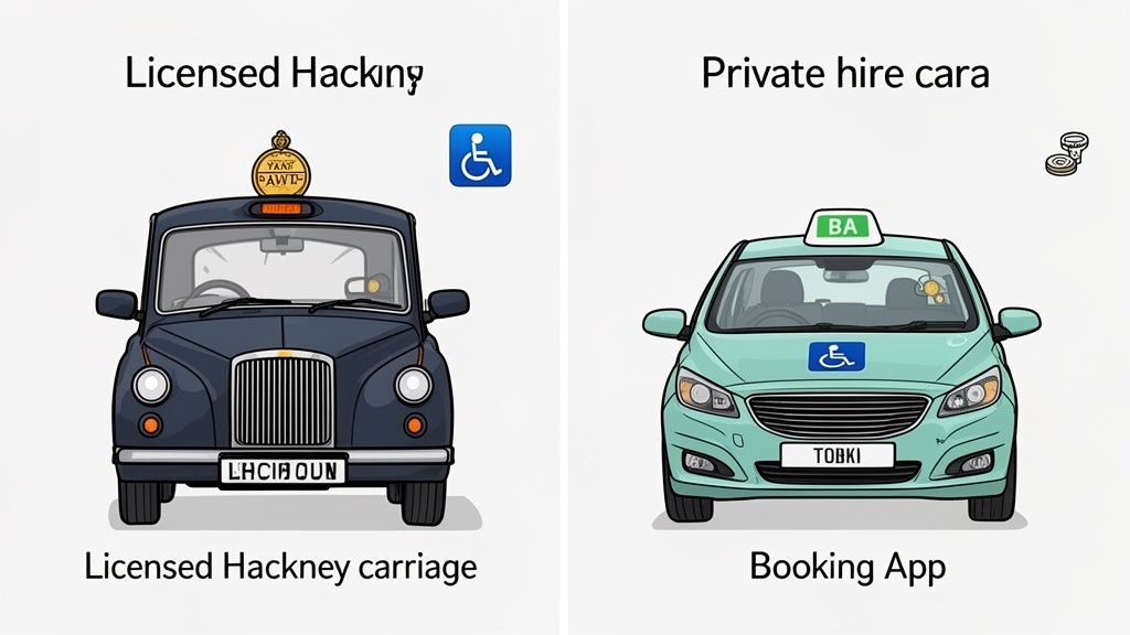 Illustration comparing a traditional black Hackney carriage and a modern private hire booking app car, both showing accessibility.
