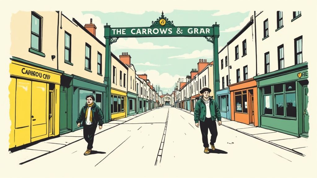 Two cartoon men walk on a street lined with colorful shops under a 'The Carrows & Grar' archway.