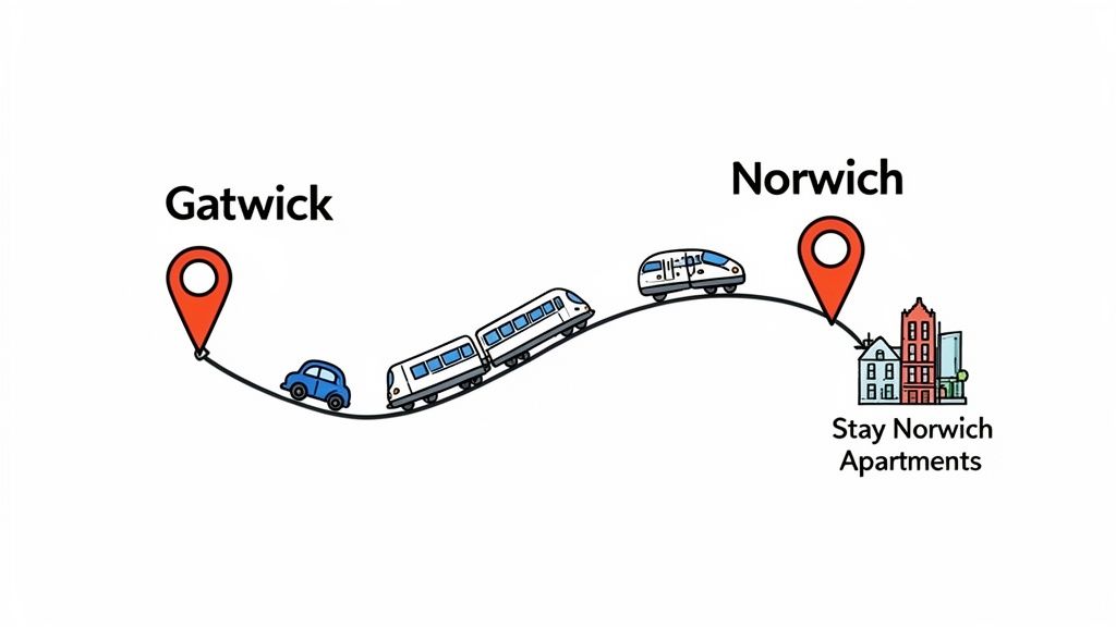 Illustrated travel route from Gatwick by car and train to Stay Norwich Apartments in Norwich.