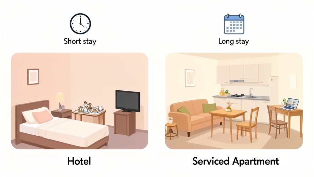 A visual comparison between a hotel room for short stays and a serviced apartment for long stays, highlighting amenities.