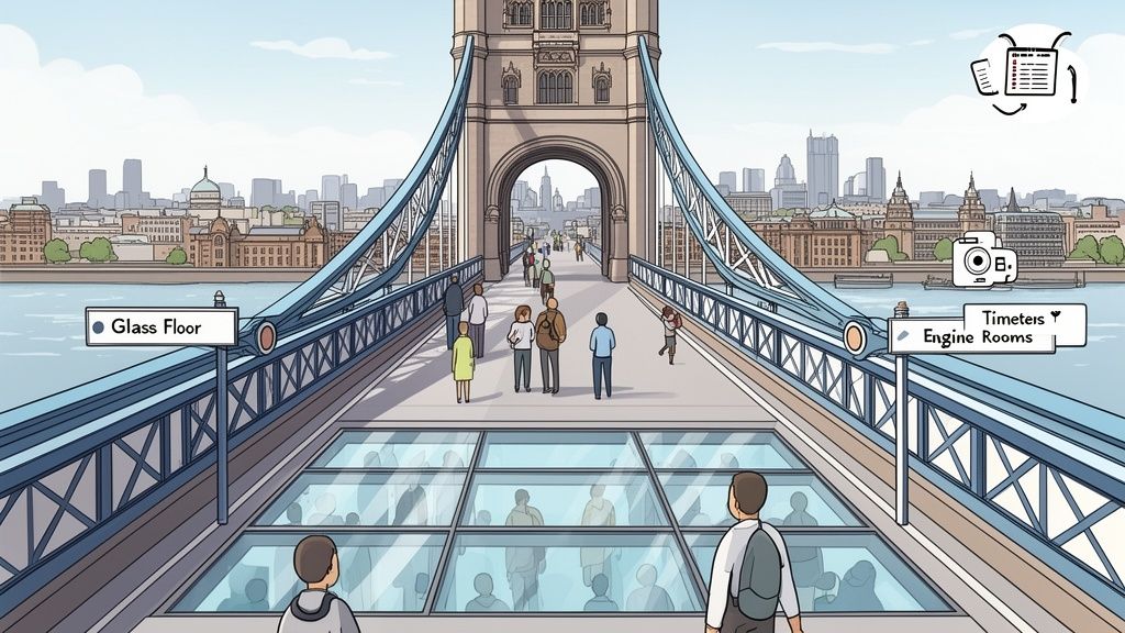 Tower Bridge in London showing its glass floor walkway with people and the city skyline.
