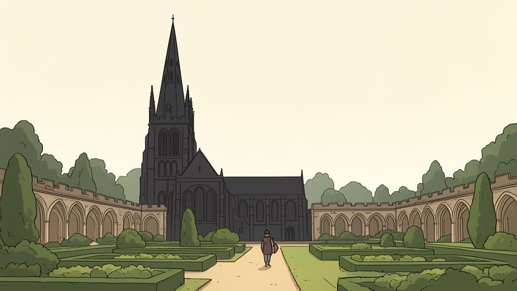 A person walks through a formal garden towards a grand Gothic cathedral with a spire.