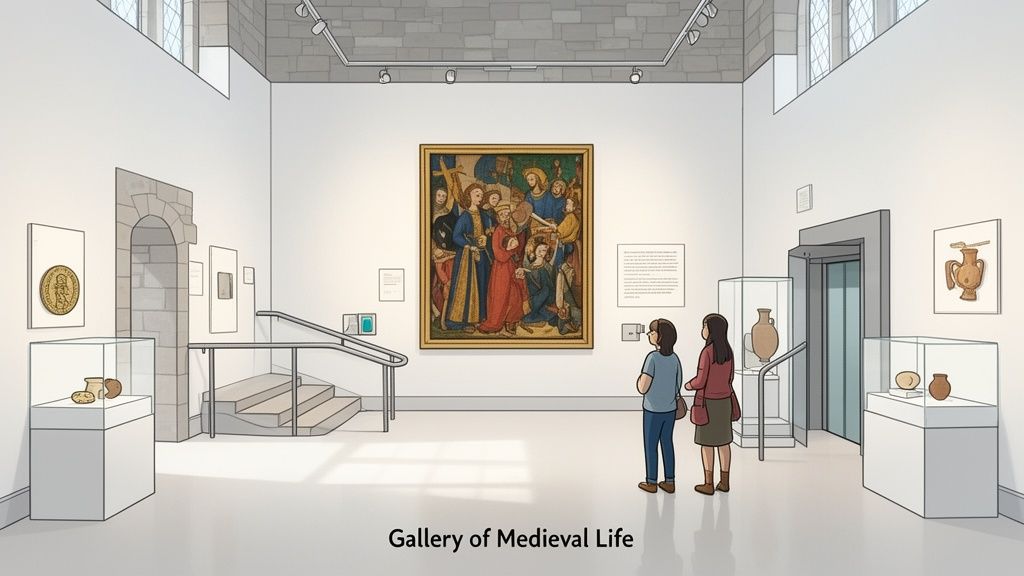Two people observe a large medieval painting and various artifacts in a bright museum gallery.
