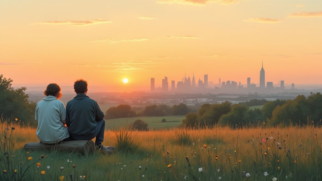 Two people sit on a log, admiring a vibrant sunset over a distant city skyline from a grassy hill.