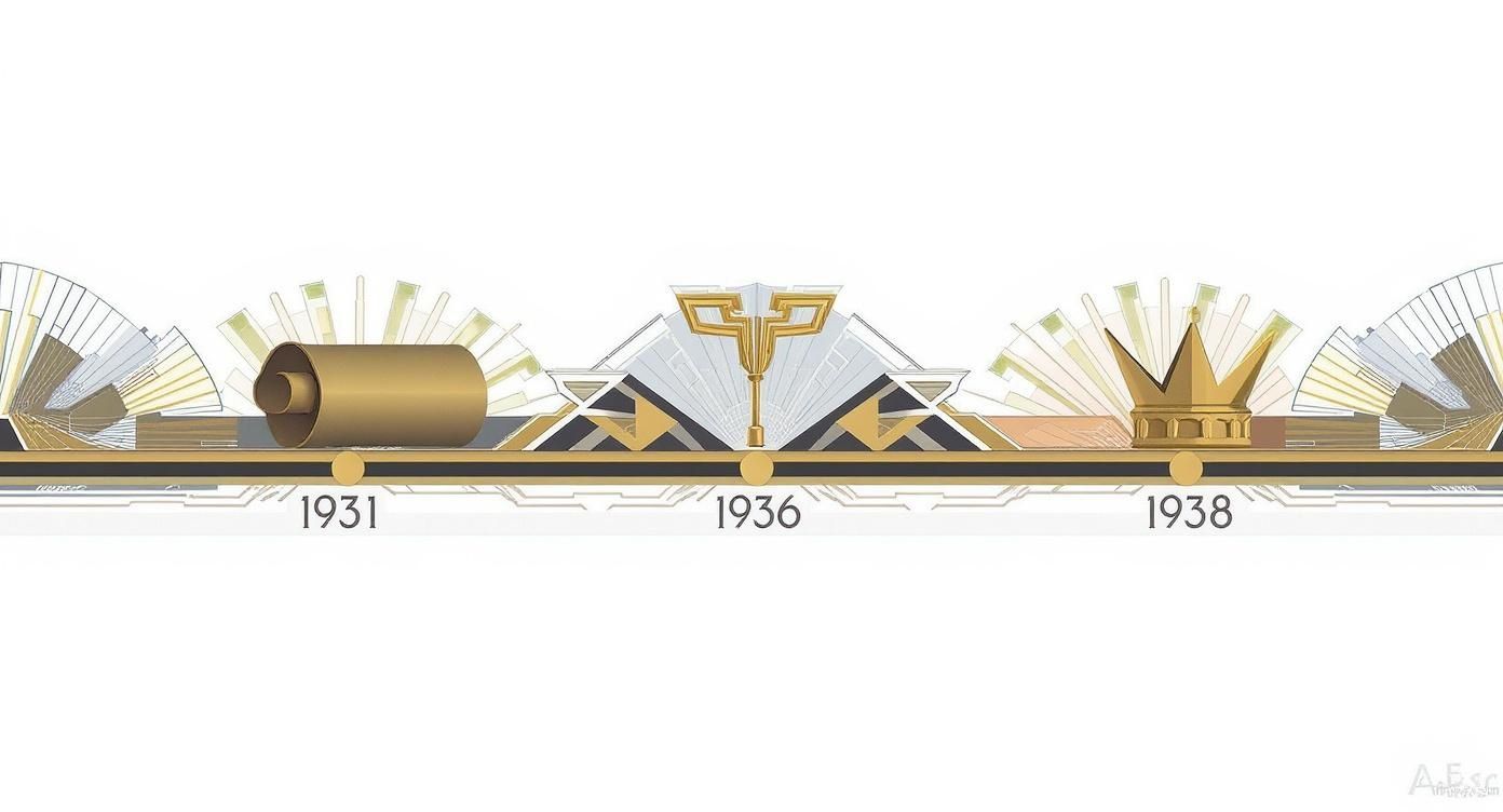Elegant Art Deco timeline with symbols for 1931, 1936, and 1938: a reel, stylized emblem, and crown.