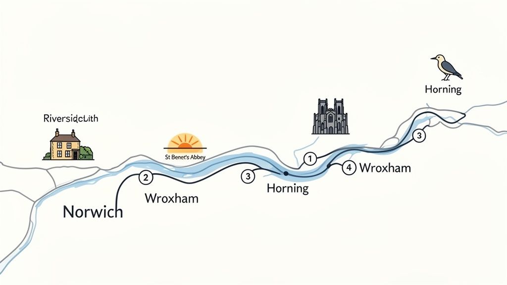 A map illustrating a scenic river route connecting Norwich, Wroxham, and Horning with landmarks like St Benet's Abbey.