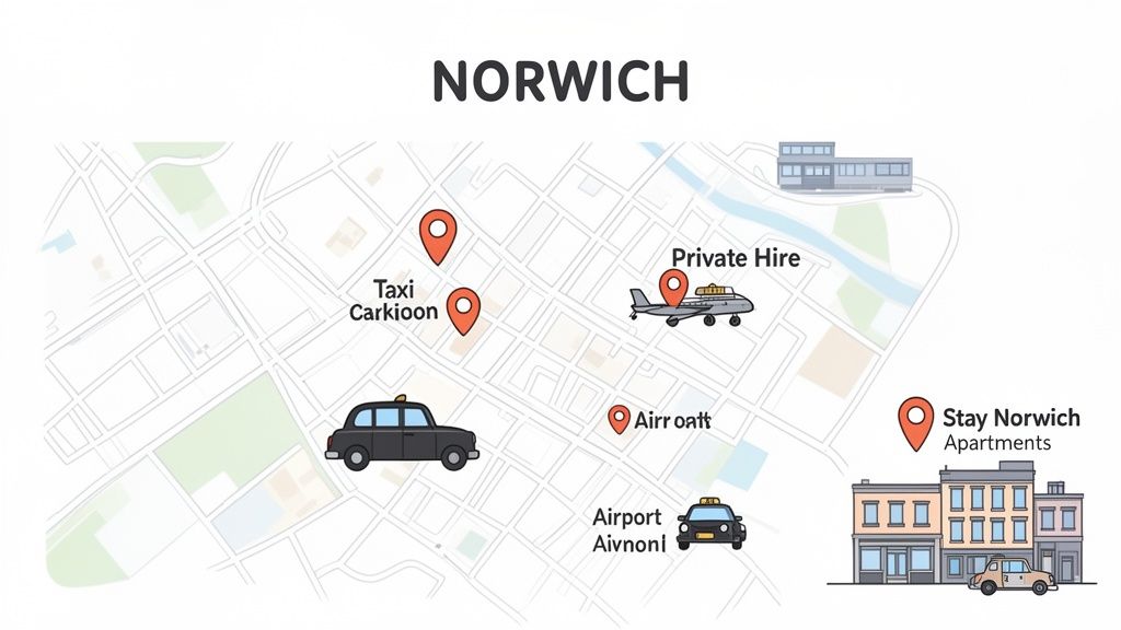 A map of Norwich showing taxi services, private hire, airport transport, and apartments.