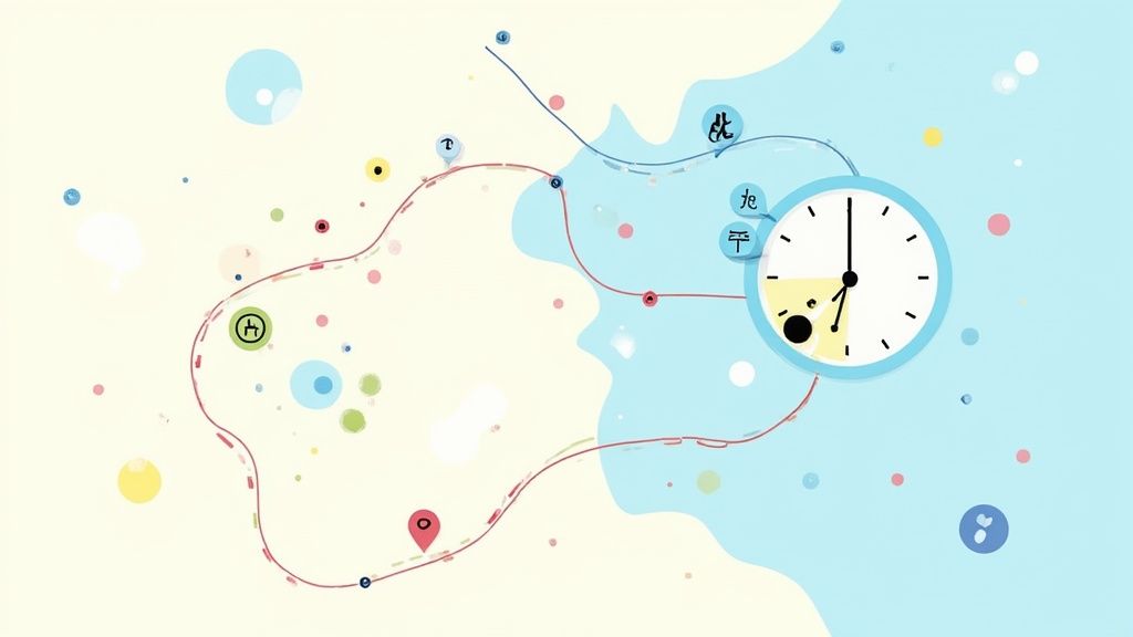 A colorful, abstract conceptual map with a clock, winding paths, and various symbols.