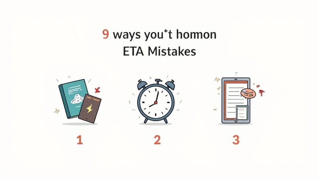 Illustration titled '9 ways to avoid ETA Mistakes' with icons for books, an alarm clock, and a tablet.