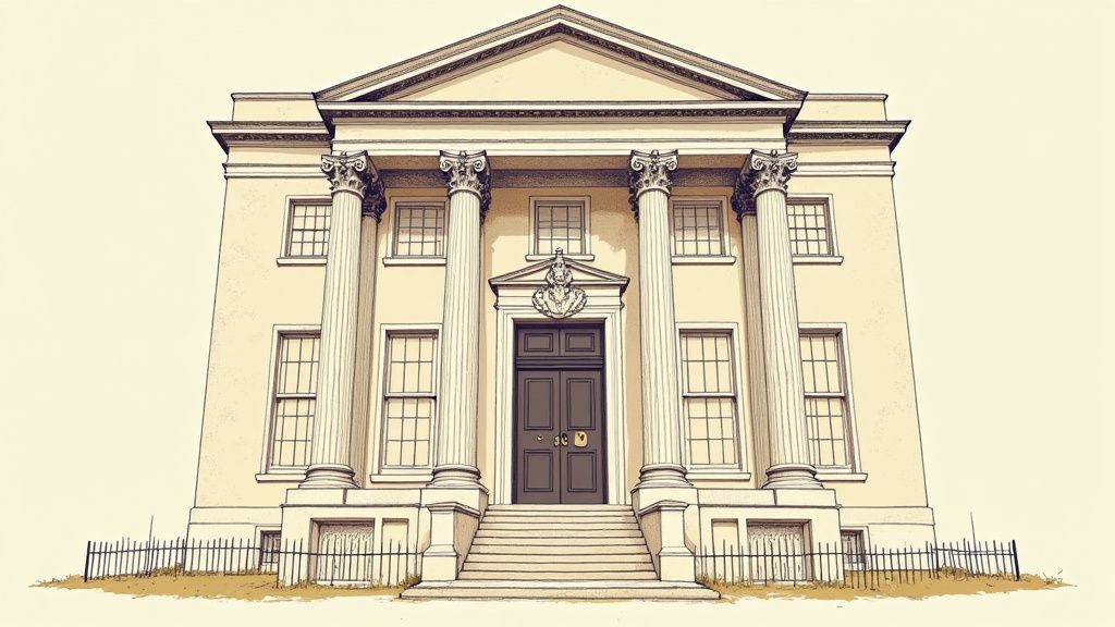 An elegant illustration of a classical building with large columns, a pediment, and a grand entrance.