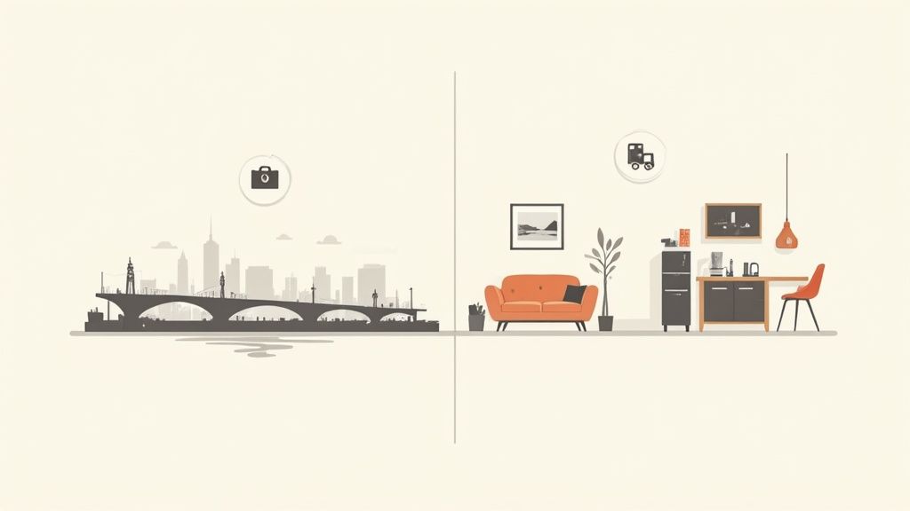 Illustration contrasting urban travel with a cozy, furnished home interior scene.