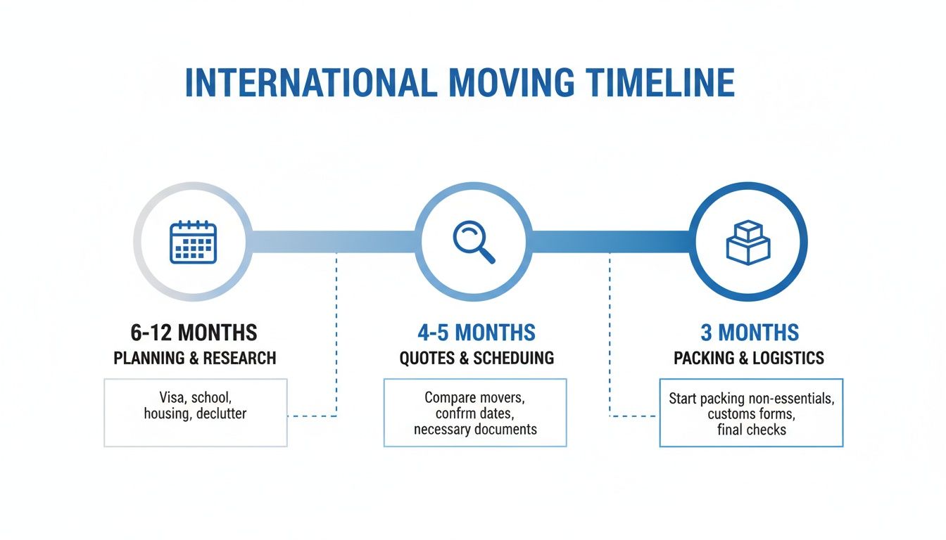 An international moving timeline infographic detailing planning, quotes, and packing steps over several months.