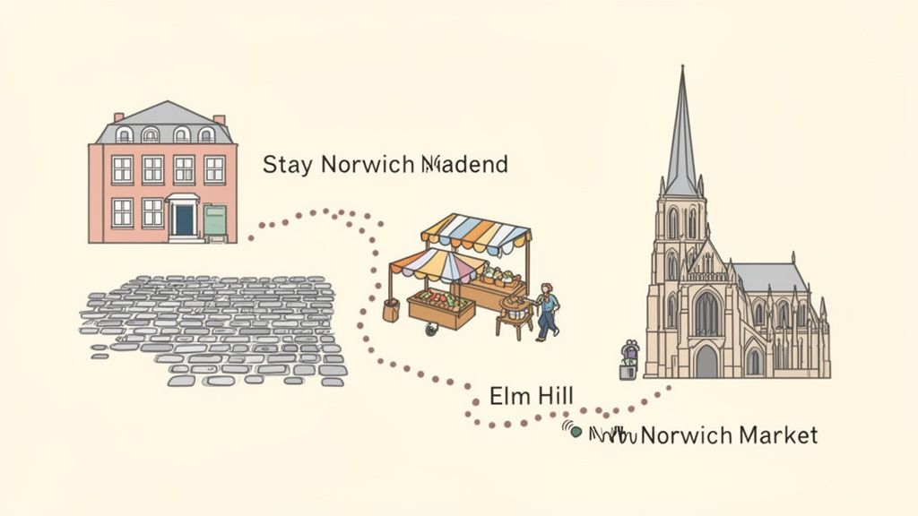 Illustrated map showing a route from a house to Norwich Cathedral via a market stall and Elm Hill.