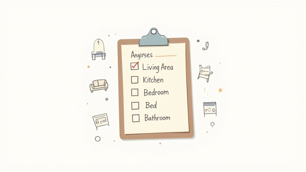 A checklist on a clipboard with 'Living Area' checked, surrounded by hand-drawn furniture icons.