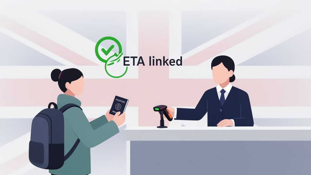 A traveler presents a passport to a UK border officer, with 'ETA linked' displayed above.