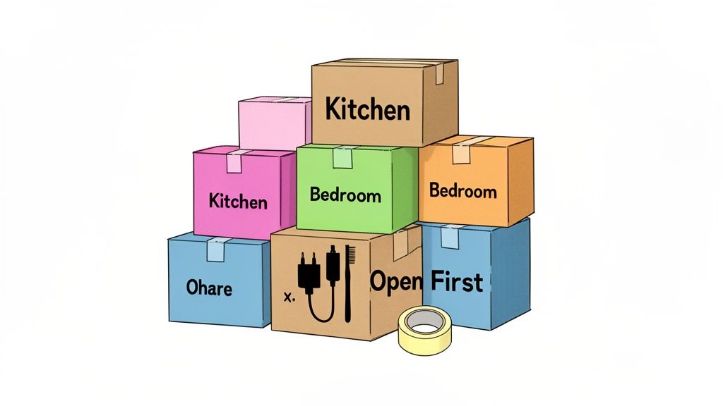 A colorful stack of moving boxes, some labeled 'Kitchen' and 'Bedroom', with one showing essentials and 'Open First'.