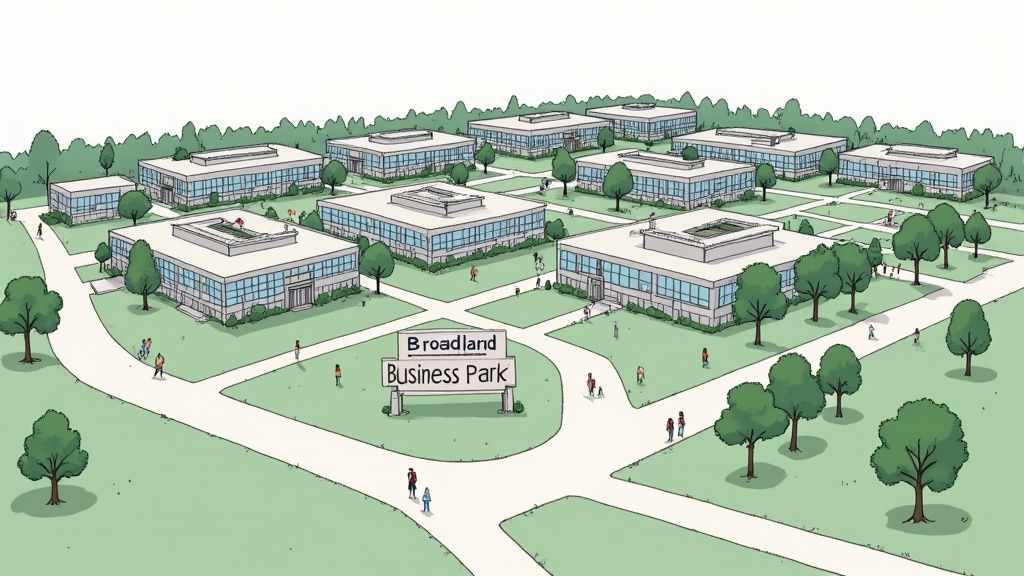 An overhead view of Broadland Business Park with several modern office buildings, green lawns, trees, and people.